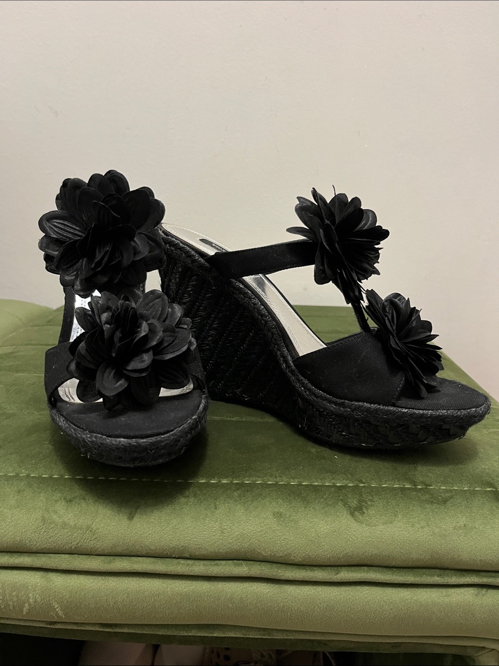 White House Black Market Black Floral-Accent Wedge Sandals